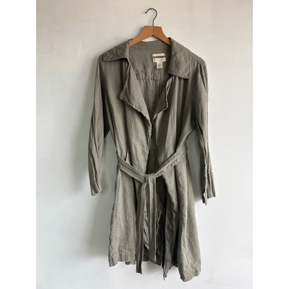 Cynthia Rowley Women M Sage Green 100% Linen Tie Waist Trench Coat Duster Jacket